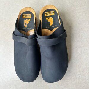 Vollsjo Women's Black Genuine Leather Wooden Clogs Shoes Size 43
